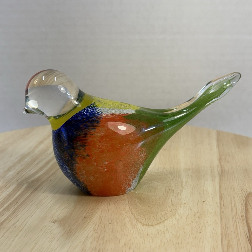 Hand Blown Art Glass Bird Figurine Multi Color Rainbow Paperweight Sculpture 5.5